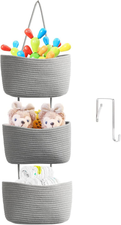 Over the Door Hanging Basket, 3-Tier Woven Cotton Wall-Mounted Storage Organizer Bag Decorative Hanging Nursery Baskets, Jute