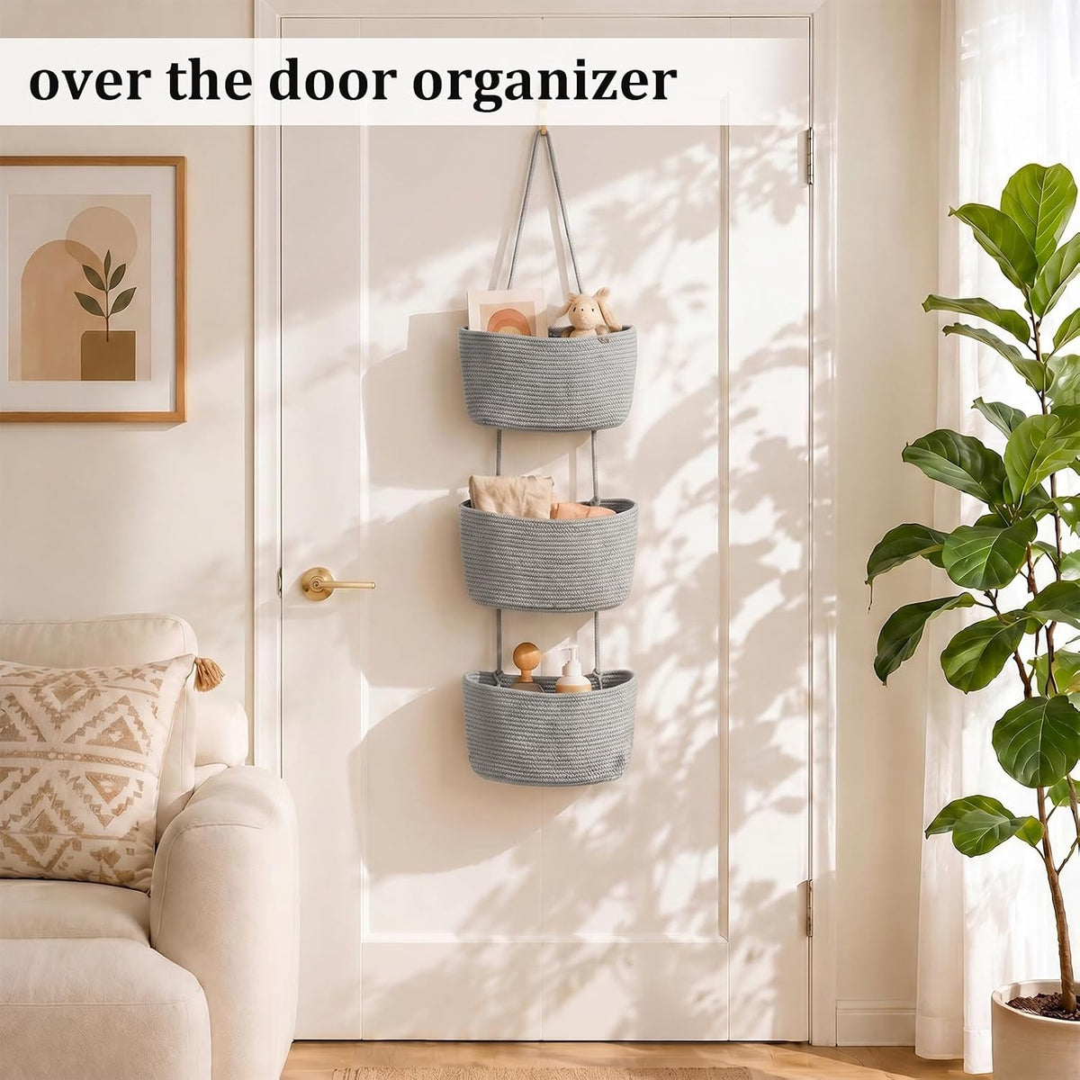 Over the Door Hanging Basket, 3-Tier Woven Cotton Wall-Mounted Storage Organizer Bag Decorative Hanging Nursery Baskets, Jute