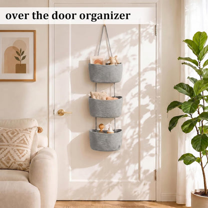 Over the Door Hanging Basket, 3-Tier Woven Cotton Wall-Mounted Storage Organizer Bag Decorative Hanging Nursery Baskets, Jute