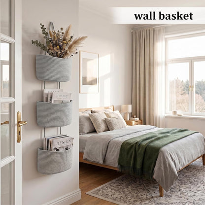 Over the Door Hanging Basket, 3-Tier Woven Cotton Wall-Mounted Storage Organizer Bag Decorative Hanging Nursery Baskets, Jute