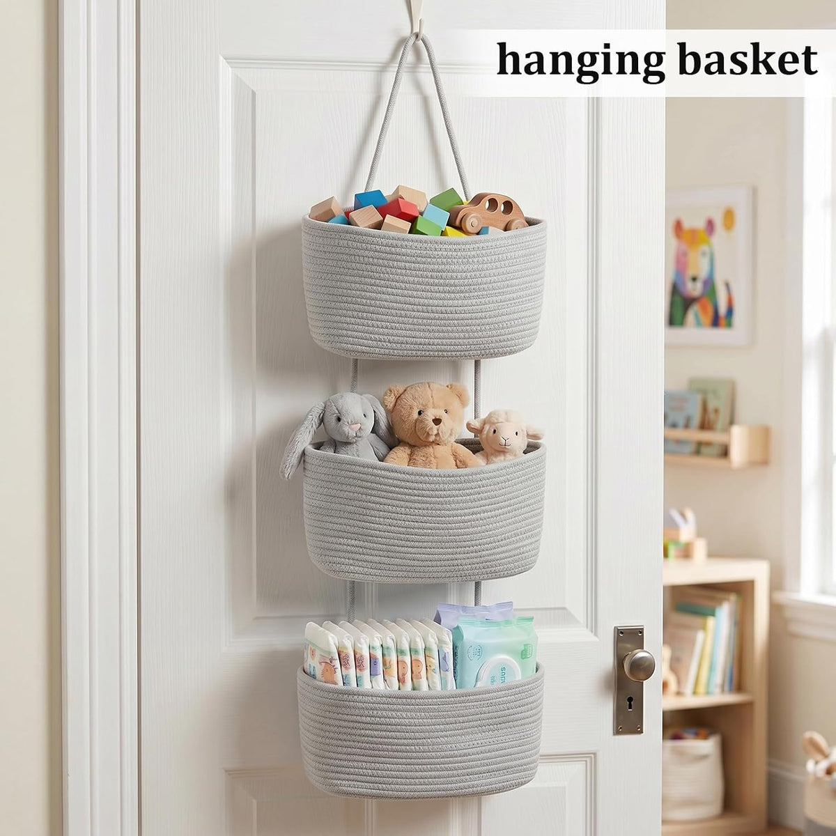 Over the Door Hanging Basket, 3-Tier Woven Cotton Wall-Mounted Storage Organizer Bag Decorative Hanging Nursery Baskets, Jute