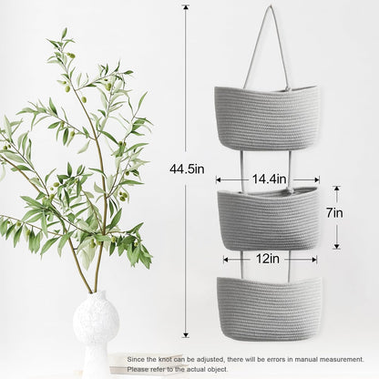 Over the Door Hanging Basket, 3-Tier Woven Cotton Wall-Mounted Storage Organizer Bag Decorative Hanging Nursery Baskets, Jute