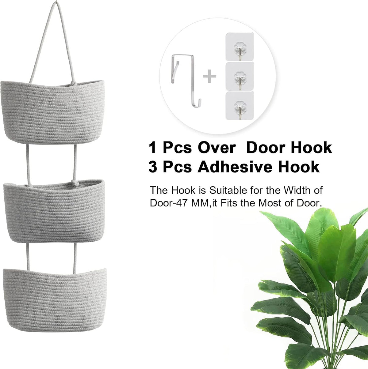 Over the Door Hanging Basket, 3-Tier Woven Cotton Wall-Mounted Storage Organizer Bag Decorative Hanging Nursery Baskets, Jute