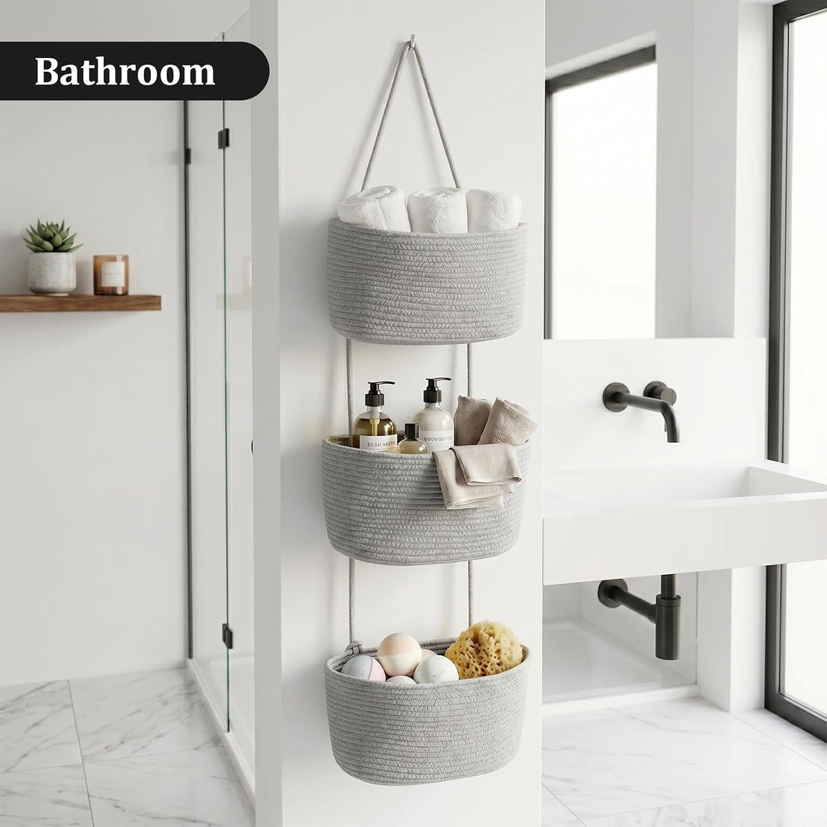 Over the Door Hanging Basket, 3-Tier Woven Cotton Wall-Mounted Storage Organizer Bag Decorative Hanging Nursery Baskets, Jute