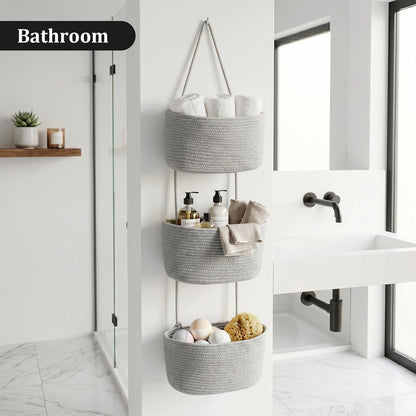 Over the Door Hanging Basket, 3-Tier Woven Cotton Wall-Mounted Storage Organizer Bag Decorative Hanging Nursery Baskets, Jute