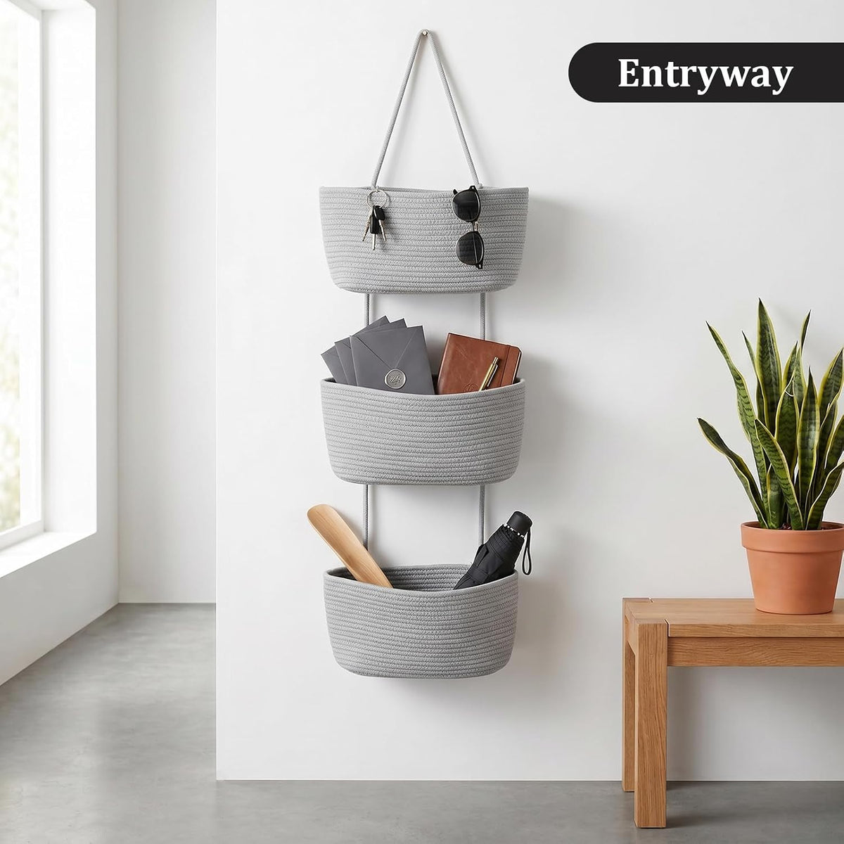 Over the Door Hanging Basket, 3-Tier Woven Cotton Wall-Mounted Storage Organizer Bag Decorative Hanging Nursery Baskets, Jute
