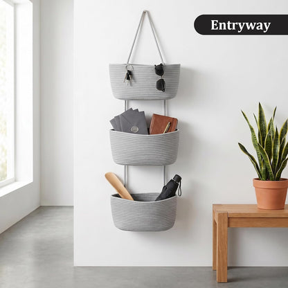 Over the Door Hanging Basket, 3-Tier Woven Cotton Wall-Mounted Storage Organizer Bag Decorative Hanging Nursery Baskets, Jute