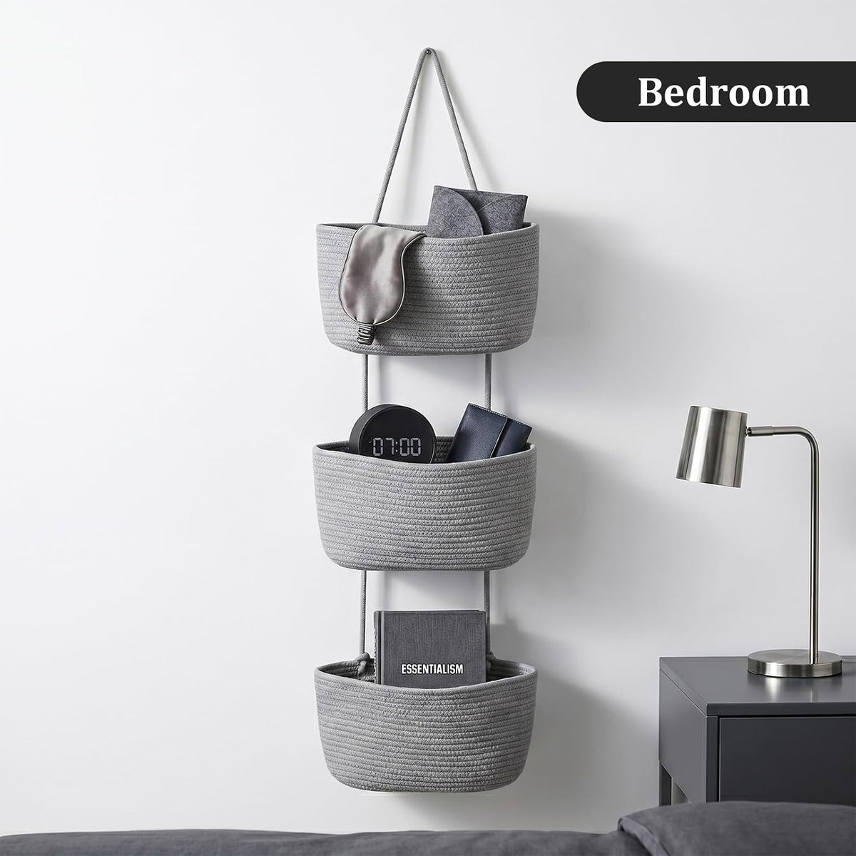 Over the Door Hanging Basket, 3-Tier Woven Cotton Wall-Mounted Storage Organizer Bag Decorative Hanging Nursery Baskets, Jute