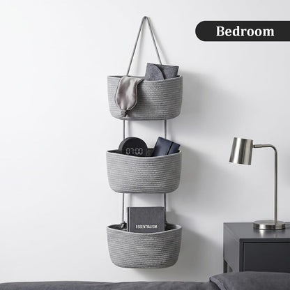 Over the Door Hanging Basket, 3-Tier Woven Cotton Wall-Mounted Storage Organizer Bag Decorative Hanging Nursery Baskets, Jute