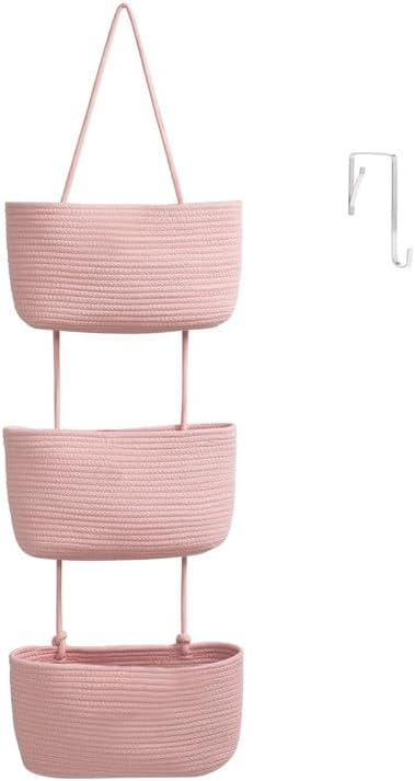 Over the Door Hanging Basket, 3-Tier Woven Cotton Wall-Mounted Storage Organizer Bag Decorative Hanging Nursery Baskets, Jute