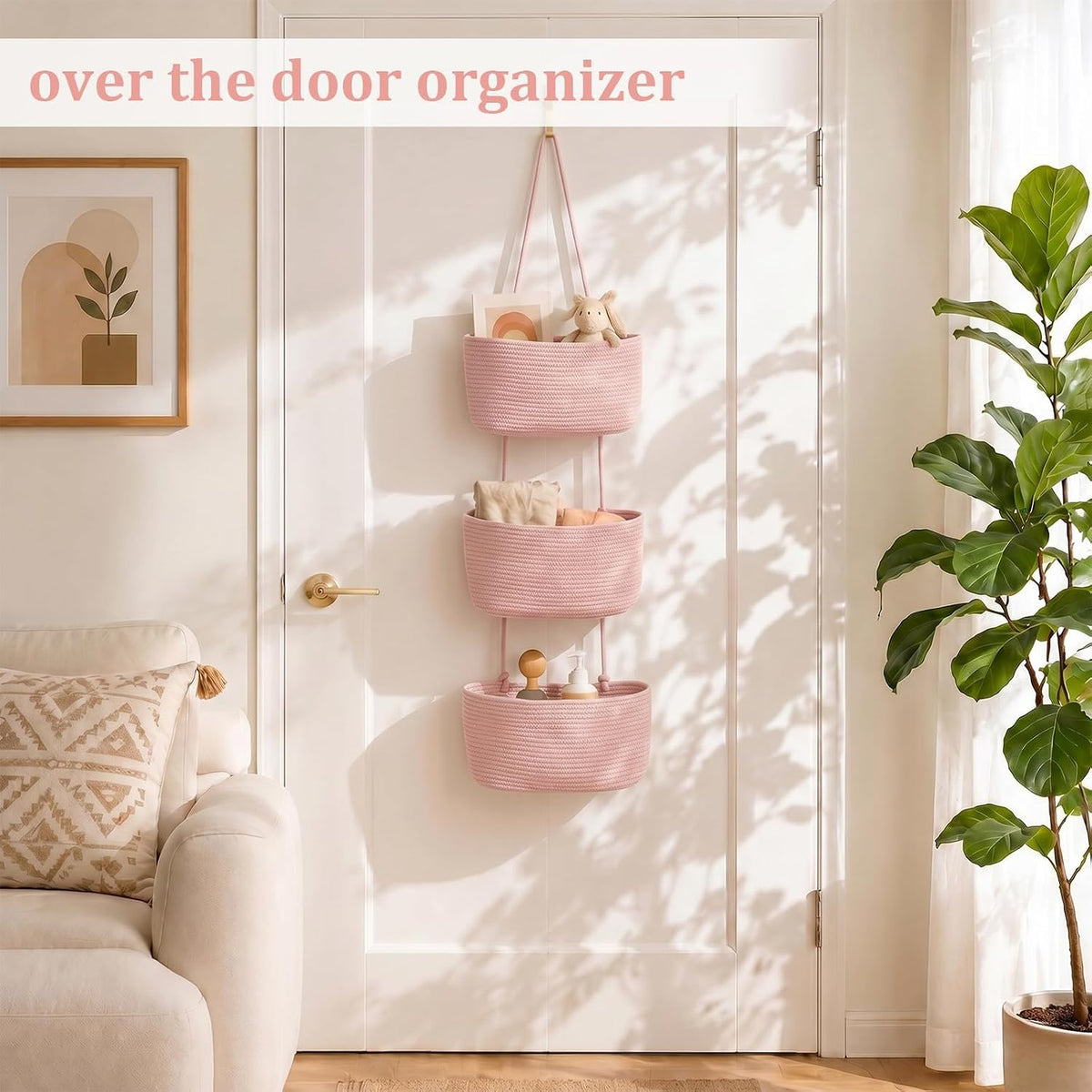 Over the Door Hanging Basket, 3-Tier Woven Cotton Wall-Mounted Storage Organizer Bag Decorative Hanging Nursery Baskets, Jute