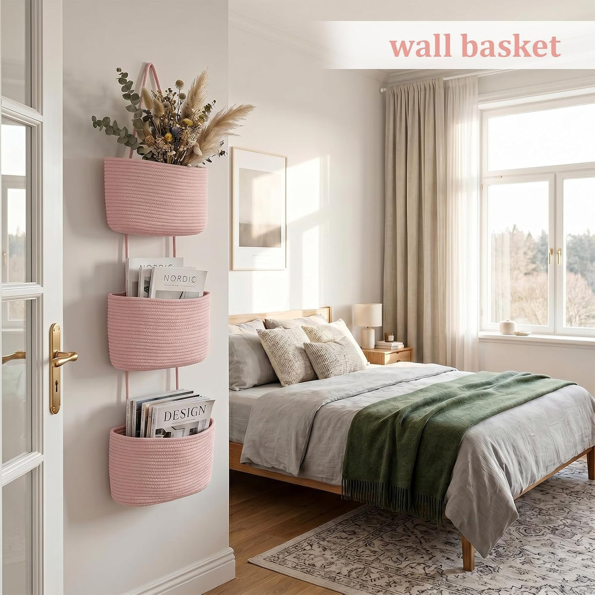 Over the Door Hanging Basket, 3-Tier Woven Cotton Wall-Mounted Storage Organizer Bag Decorative Hanging Nursery Baskets, Jute