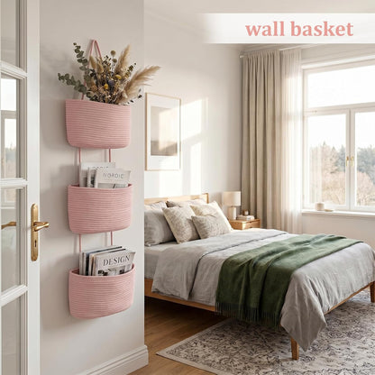 Over the Door Hanging Basket, 3-Tier Woven Cotton Wall-Mounted Storage Organizer Bag Decorative Hanging Nursery Baskets, Jute