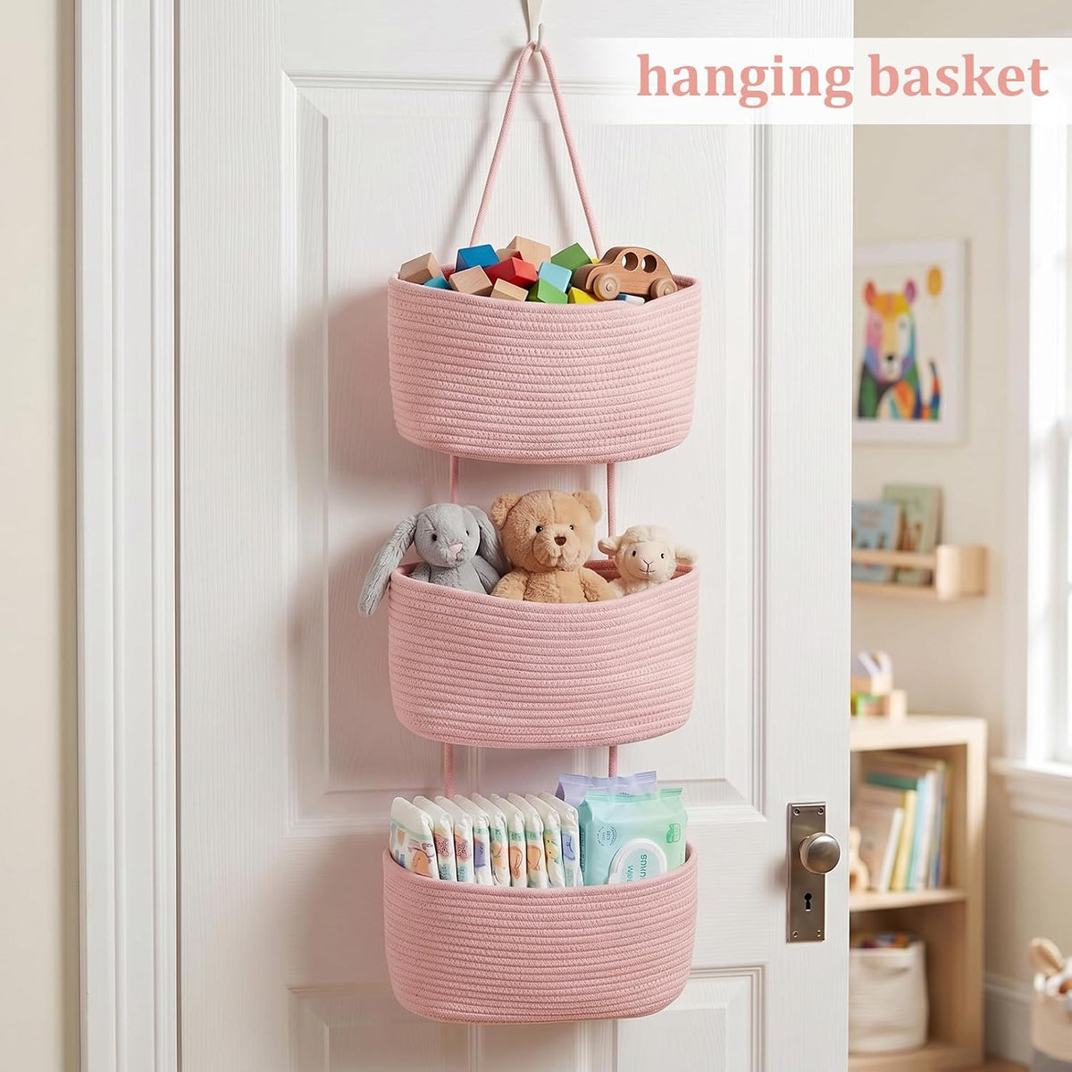 Over the Door Hanging Basket, 3-Tier Woven Cotton Wall-Mounted Storage Organizer Bag Decorative Hanging Nursery Baskets, Jute