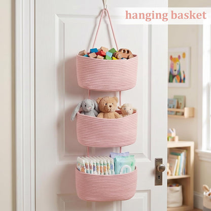Over the Door Hanging Basket, 3-Tier Woven Cotton Wall-Mounted Storage Organizer Bag Decorative Hanging Nursery Baskets, Jute