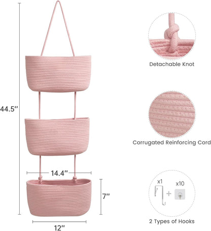 Over the Door Hanging Basket, 3-Tier Woven Cotton Wall-Mounted Storage Organizer Bag Decorative Hanging Nursery Baskets, Jute