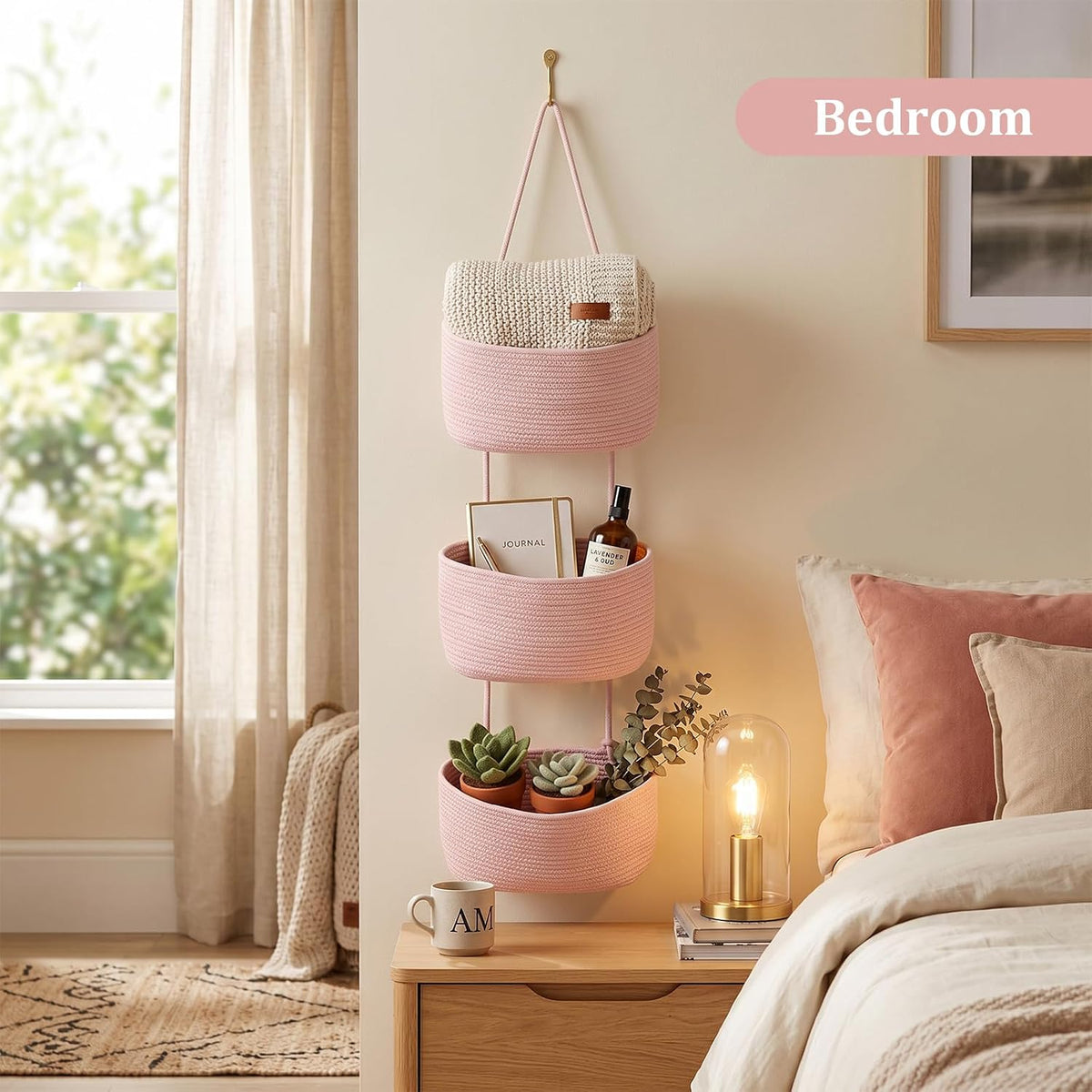 Over the Door Hanging Basket, 3-Tier Woven Cotton Wall-Mounted Storage Organizer Bag Decorative Hanging Nursery Baskets, Jute