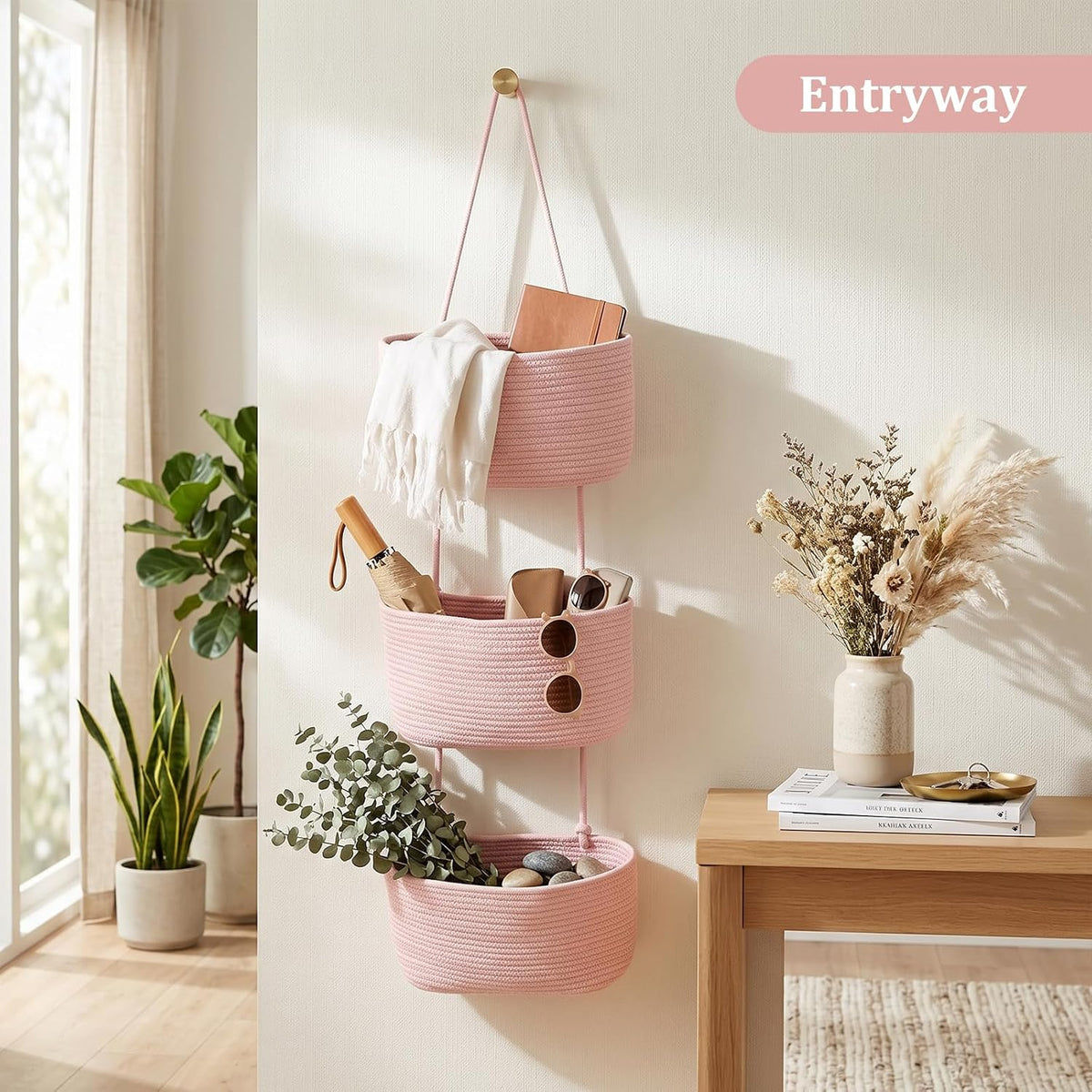 Over the Door Hanging Basket, 3-Tier Woven Cotton Wall-Mounted Storage Organizer Bag Decorative Hanging Nursery Baskets, Jute