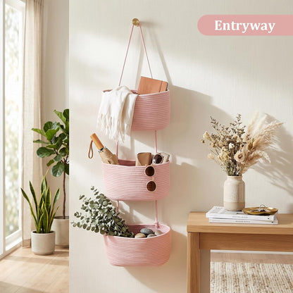 Over the Door Hanging Basket, 3-Tier Woven Cotton Wall-Mounted Storage Organizer Bag Decorative Hanging Nursery Baskets, Jute