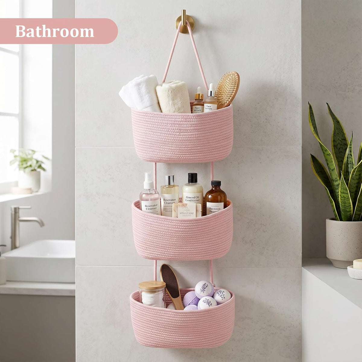 Over the Door Hanging Basket, 3-Tier Woven Cotton Wall-Mounted Storage Organizer Bag Decorative Hanging Nursery Baskets, Jute