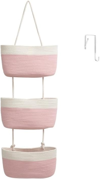 Over the Door Hanging Basket, 3-Tier Woven Cotton Wall-Mounted Storage Organizer Bag Decorative Hanging Nursery Baskets, Jute