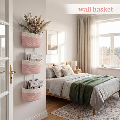 Over the Door Hanging Basket, 3-Tier Woven Cotton Wall-Mounted Storage Organizer Bag Decorative Hanging Nursery Baskets, Jute