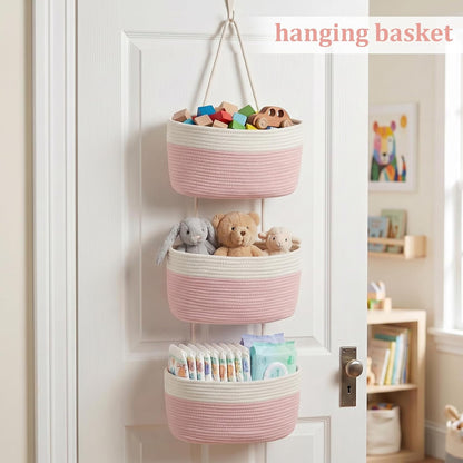 Over the Door Hanging Basket, 3-Tier Woven Cotton Wall-Mounted Storage Organizer Bag Decorative Hanging Nursery Baskets, Jute
