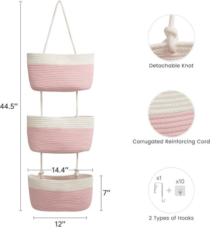 Over the Door Hanging Basket, 3-Tier Woven Cotton Wall-Mounted Storage Organizer Bag Decorative Hanging Nursery Baskets, Jute