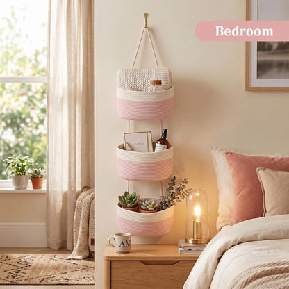 Over the Door Hanging Basket, 3-Tier Woven Cotton Wall-Mounted Storage Organizer Bag Decorative Hanging Nursery Baskets, Jute