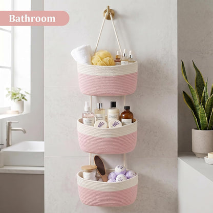 Over the Door Hanging Basket, 3-Tier Woven Cotton Wall-Mounted Storage Organizer Bag Decorative Hanging Nursery Baskets, Jute