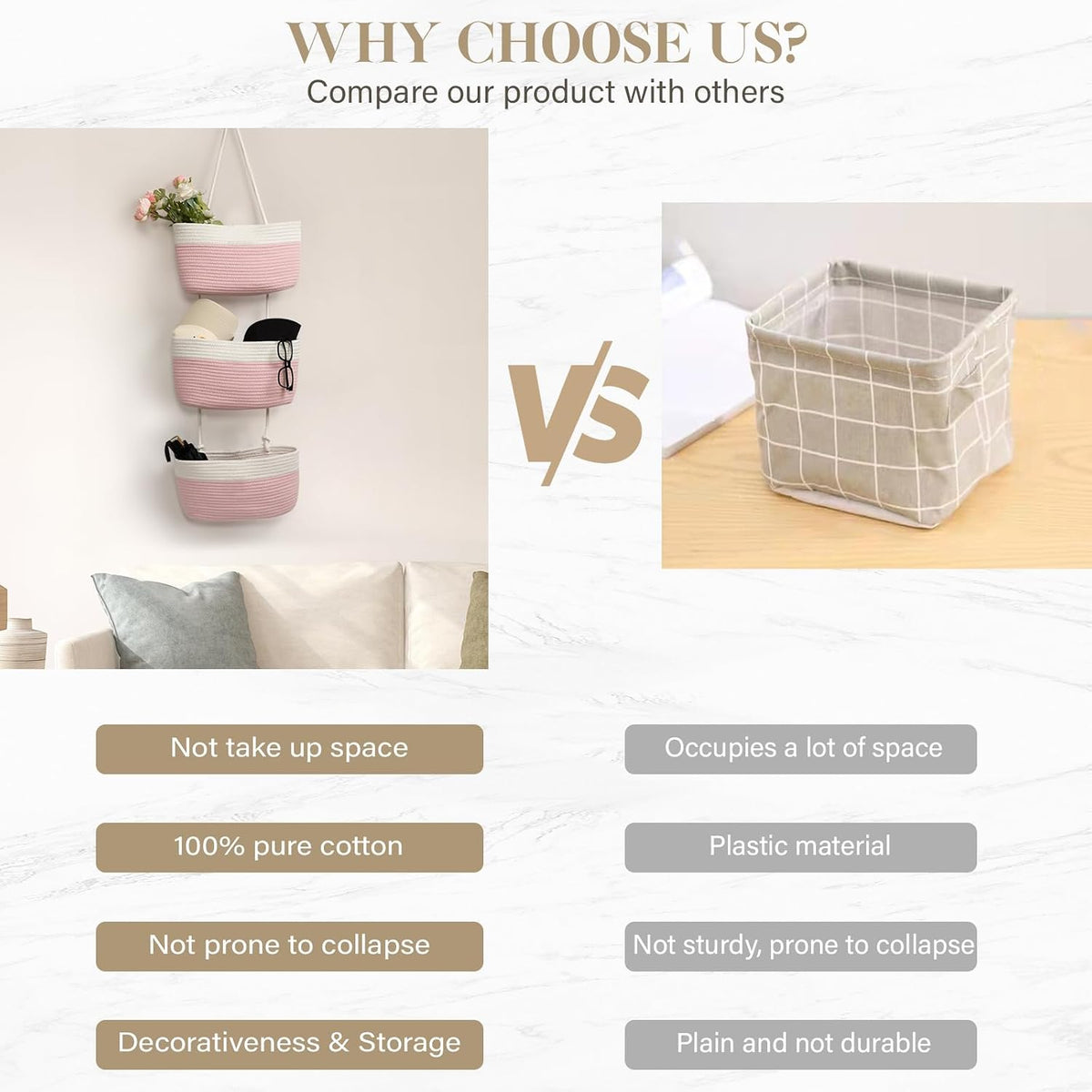 Over the Door Hanging Basket, 3-Tier Woven Cotton Wall-Mounted Storage Organizer Bag Decorative Hanging Nursery Baskets, Jute