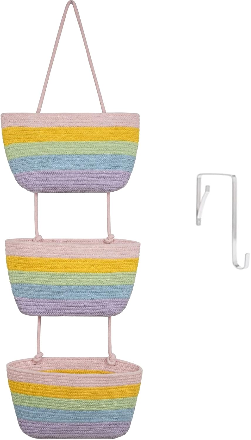 Over the Door Hanging Basket, 3-Tier Woven Cotton Wall-Mounted Storage Organizer Bag Decorative Hanging Nursery Baskets, Jute