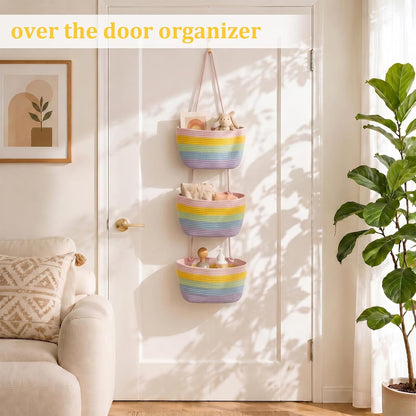Over the Door Hanging Basket, 3-Tier Woven Cotton Wall-Mounted Storage Organizer Bag Decorative Hanging Nursery Baskets, Jute