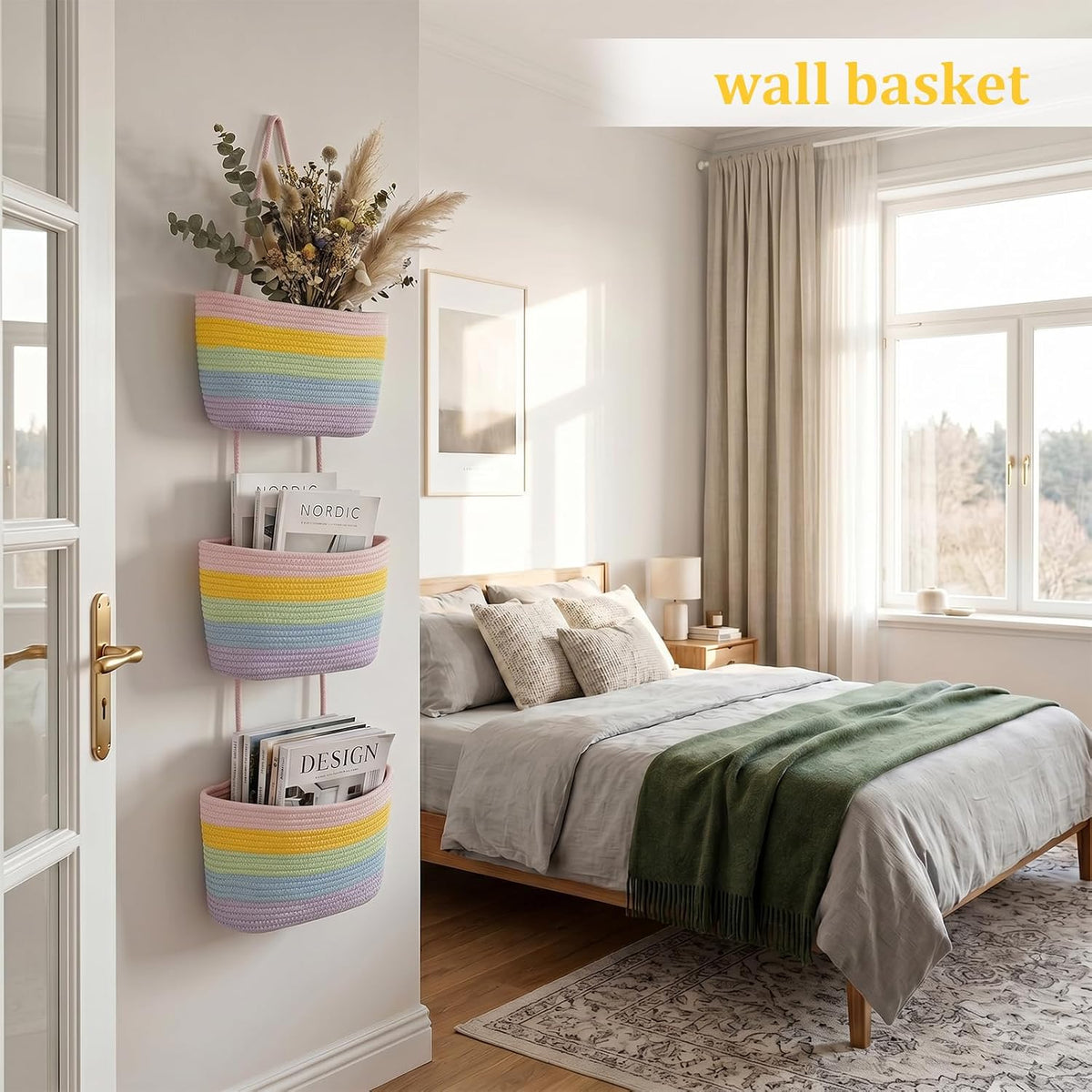 Over the Door Hanging Basket, 3-Tier Woven Cotton Wall-Mounted Storage Organizer Bag Decorative Hanging Nursery Baskets, Jute