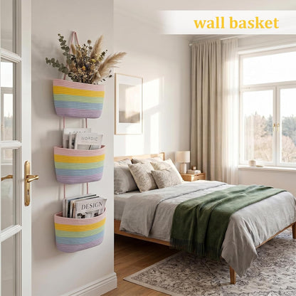 Over the Door Hanging Basket, 3-Tier Woven Cotton Wall-Mounted Storage Organizer Bag Decorative Hanging Nursery Baskets, Jute