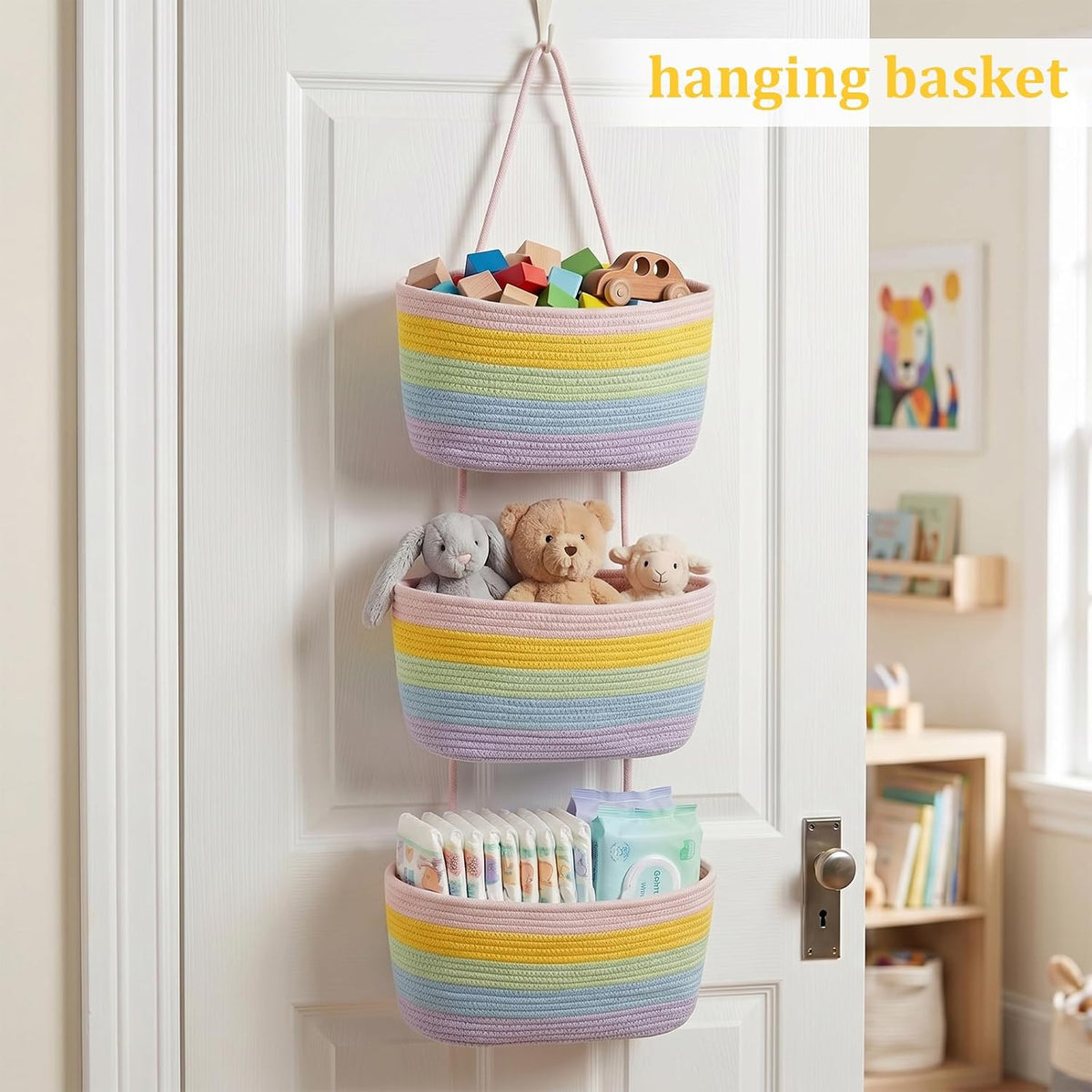 Over the Door Hanging Basket, 3-Tier Woven Cotton Wall-Mounted Storage Organizer Bag Decorative Hanging Nursery Baskets, Jute
