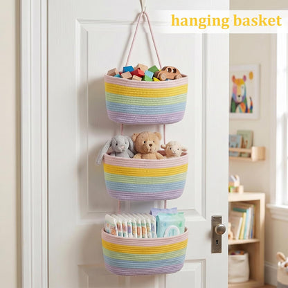 Over the Door Hanging Basket, 3-Tier Woven Cotton Wall-Mounted Storage Organizer Bag Decorative Hanging Nursery Baskets, Jute