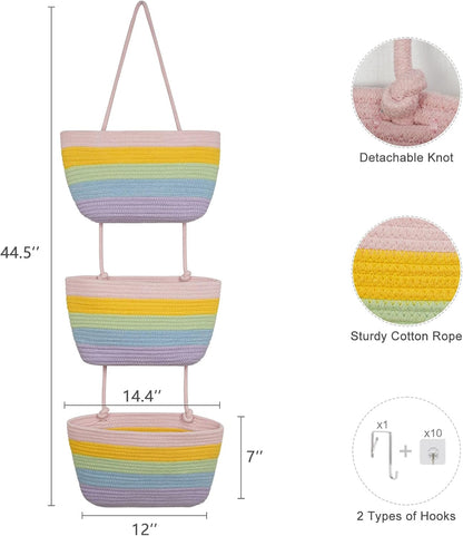 Over the Door Hanging Basket, 3-Tier Woven Cotton Wall-Mounted Storage Organizer Bag Decorative Hanging Nursery Baskets, Jute