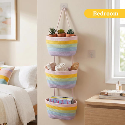 Over the Door Hanging Basket, 3-Tier Woven Cotton Wall-Mounted Storage Organizer Bag Decorative Hanging Nursery Baskets, Jute