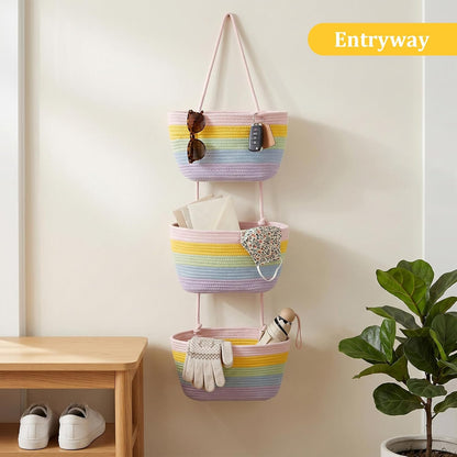 Over the Door Hanging Basket, 3-Tier Woven Cotton Wall-Mounted Storage Organizer Bag Decorative Hanging Nursery Baskets, Jute