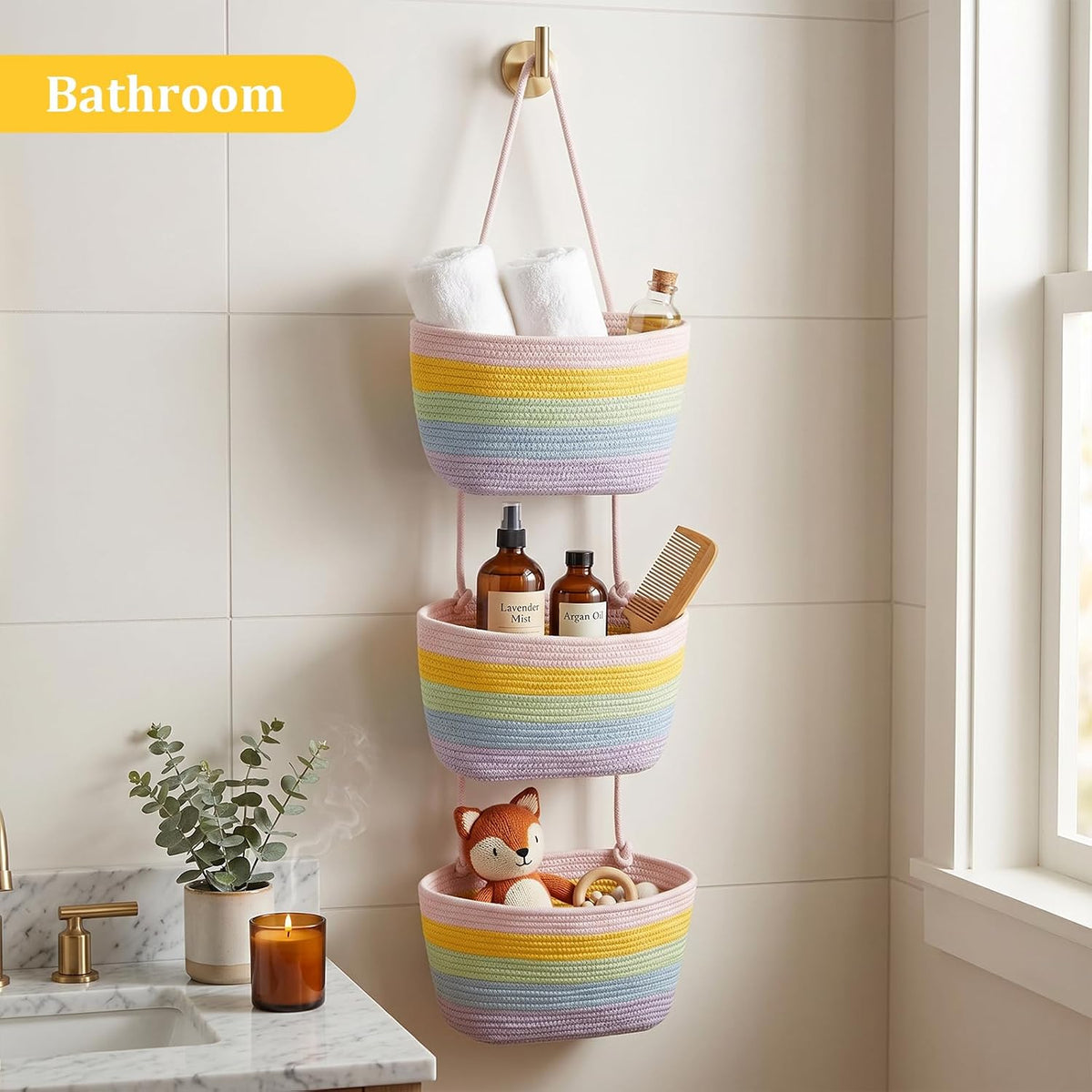 Over the Door Hanging Basket, 3-Tier Woven Cotton Wall-Mounted Storage Organizer Bag Decorative Hanging Nursery Baskets, Jute