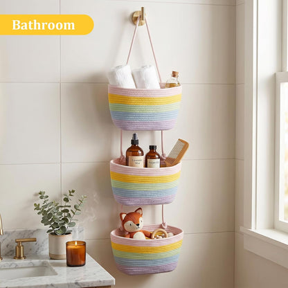 Over the Door Hanging Basket, 3-Tier Woven Cotton Wall-Mounted Storage Organizer Bag Decorative Hanging Nursery Baskets, Jute