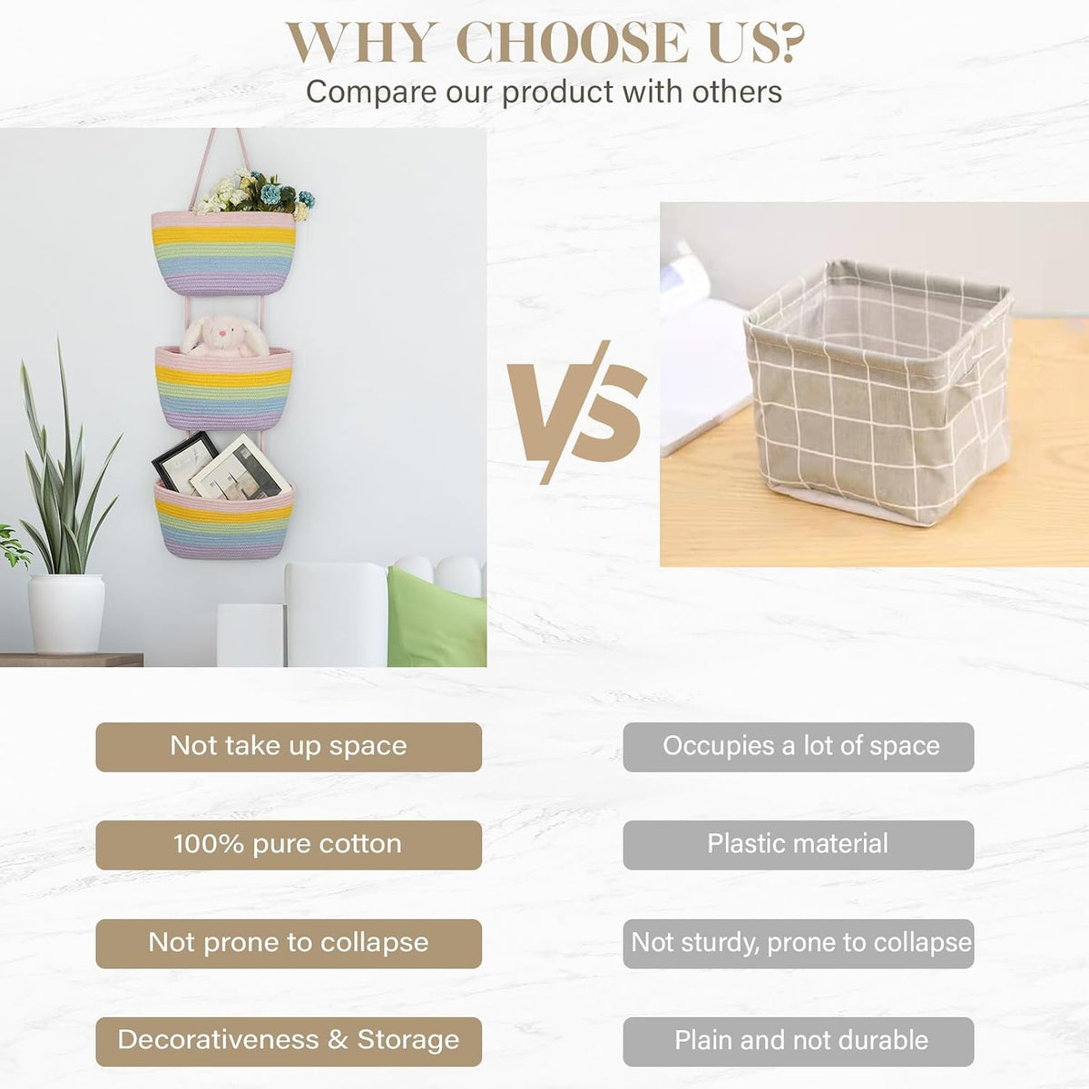 Over the Door Hanging Basket, 3-Tier Woven Cotton Wall-Mounted Storage Organizer Bag Decorative Hanging Nursery Baskets, Jute