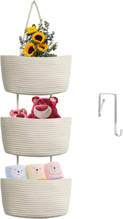 Over the Door Hanging Basket, 3-Tier Woven Cotton Wall-Mounted Storage Organizer Bag Decorative Hanging Nursery Baskets, Jute