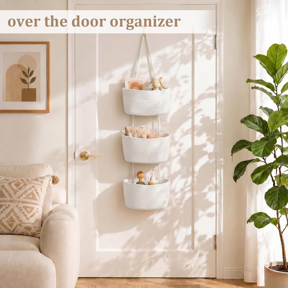 Over the Door Hanging Basket, 3-Tier Woven Cotton Wall-Mounted Storage Organizer Bag Decorative Hanging Nursery Baskets, Jute