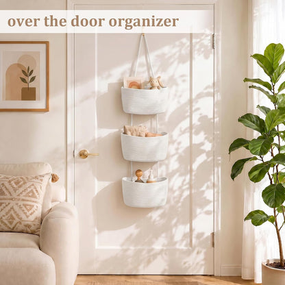 Over the Door Hanging Basket, 3-Tier Woven Cotton Wall-Mounted Storage Organizer Bag Decorative Hanging Nursery Baskets, Jute