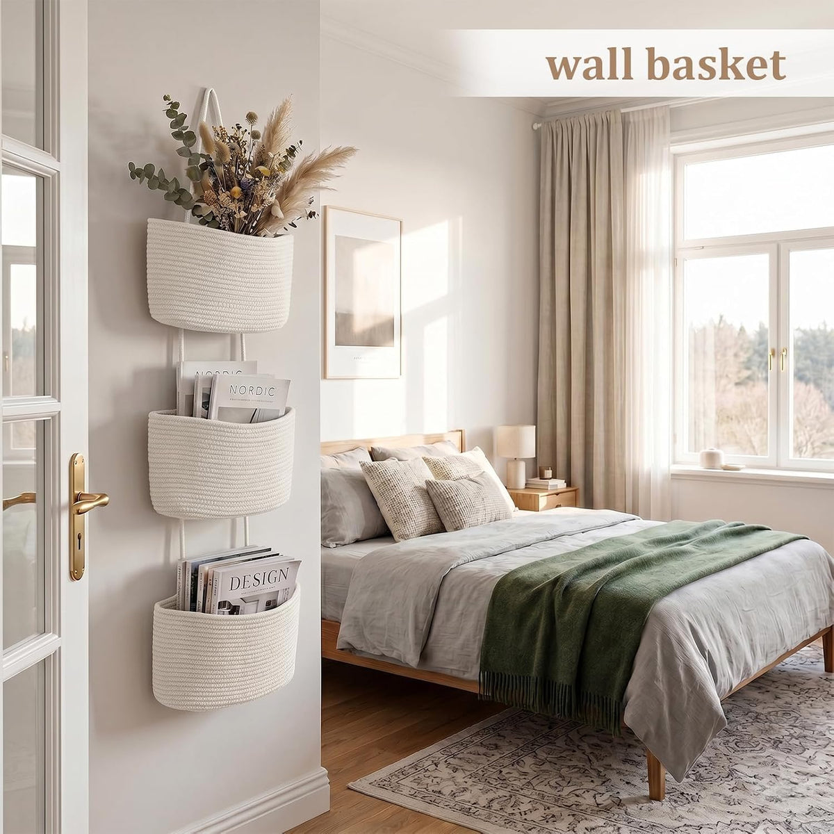 Over the Door Hanging Basket, 3-Tier Woven Cotton Wall-Mounted Storage Organizer Bag Decorative Hanging Nursery Baskets, Jute