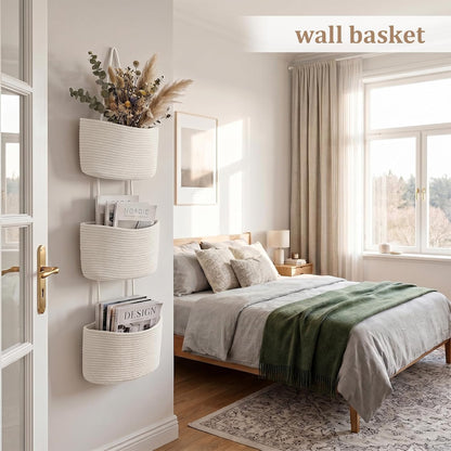 Over the Door Hanging Basket, 3-Tier Woven Cotton Wall-Mounted Storage Organizer Bag Decorative Hanging Nursery Baskets, Jute