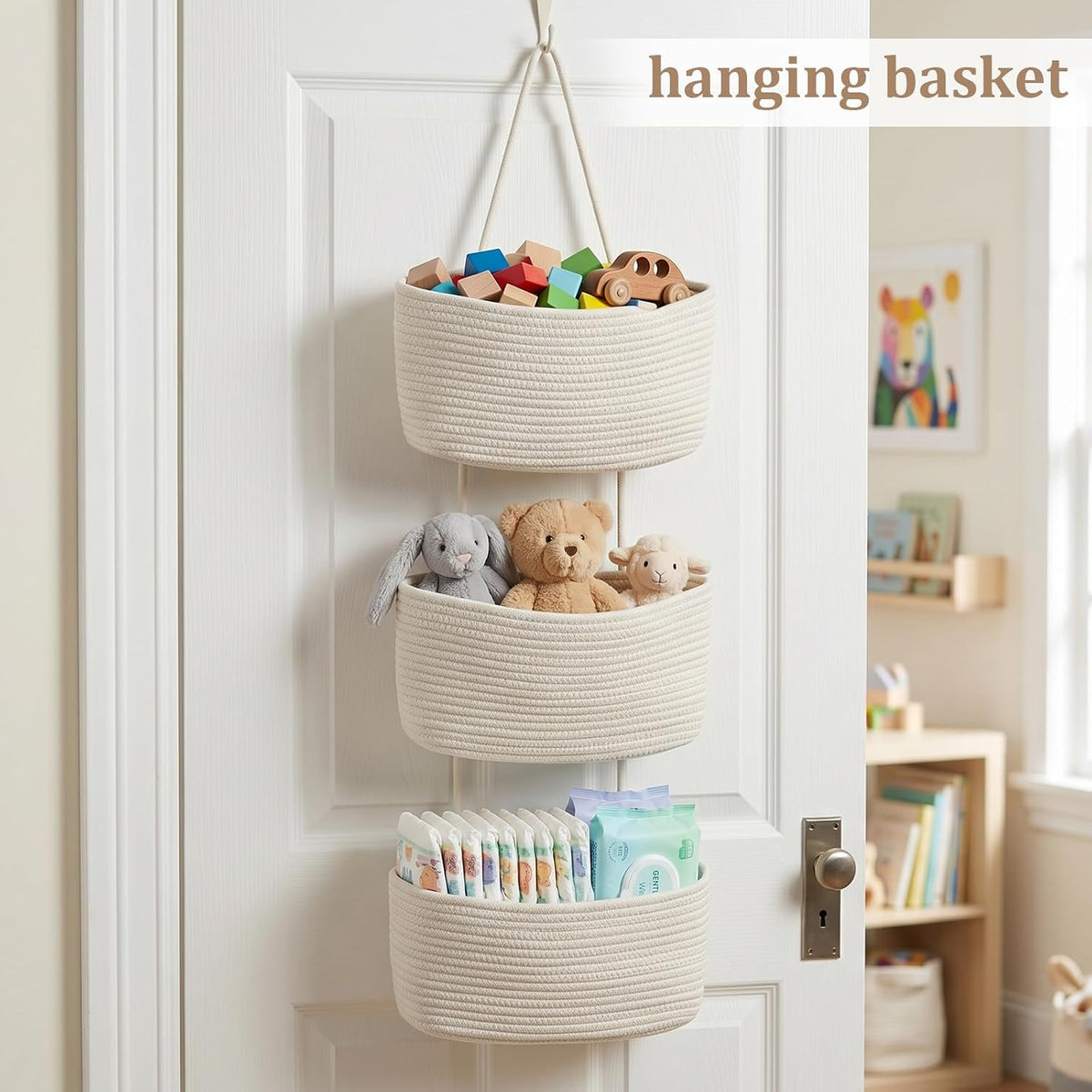 Over the Door Hanging Basket, 3-Tier Woven Cotton Wall-Mounted Storage Organizer Bag Decorative Hanging Nursery Baskets, Jute