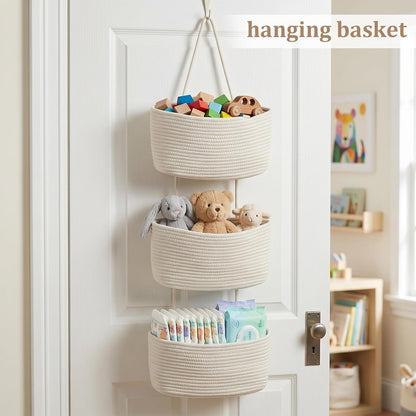 Over the Door Hanging Basket, 3-Tier Woven Cotton Wall-Mounted Storage Organizer Bag Decorative Hanging Nursery Baskets, Jute